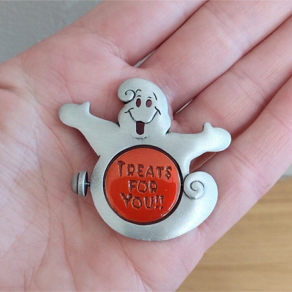 Spoontiques Signed Pewter Halloween Pin Brooch Ghost Turning Sign Boo To You